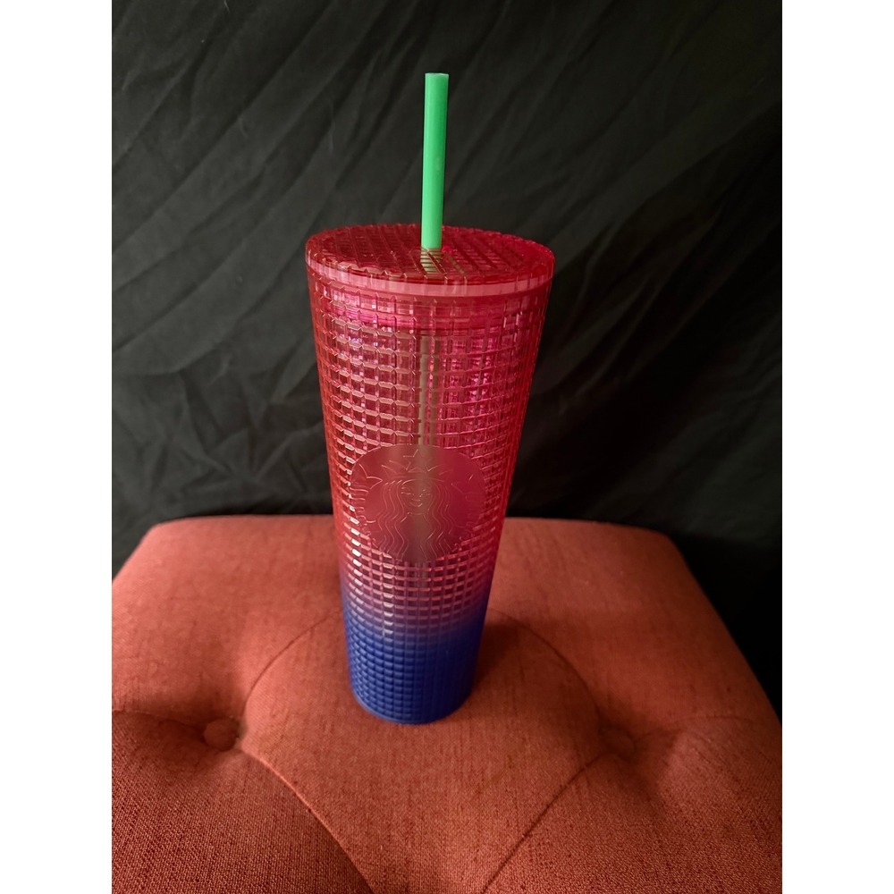 Starbucks Pink Blue Ombre Grid Textured Venti Tumbler 24oz with Green Straw